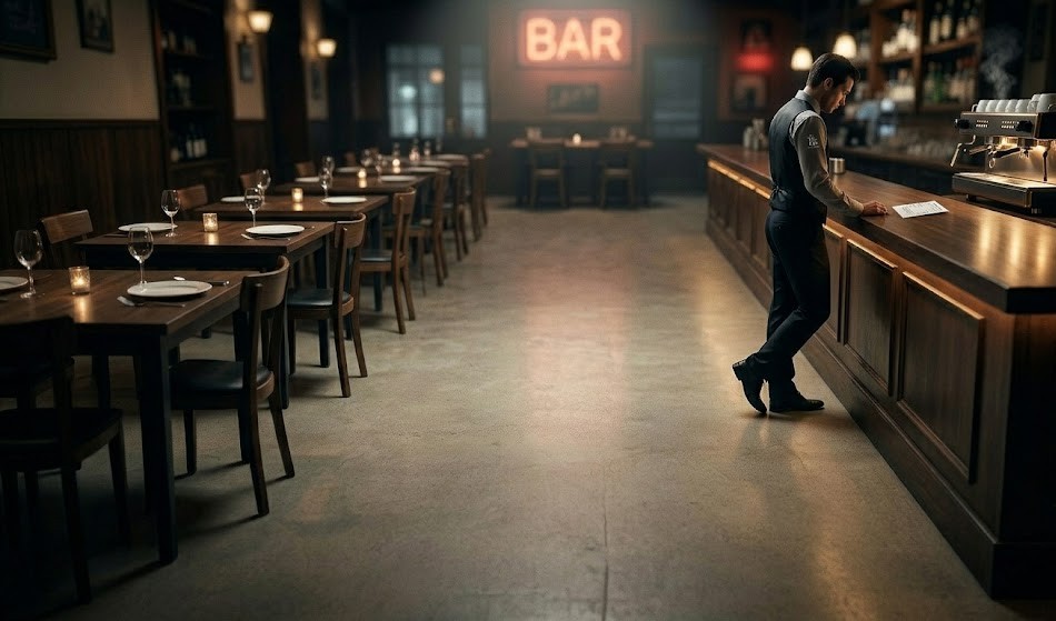 Fotografía sincera de ángulo bajo de un comedor de restaurante moderno y espacioso completamente vacío. Al fondo, un camarero solitario con uniforme se apoya en una barra encendida con luces y una cafetera encendida.