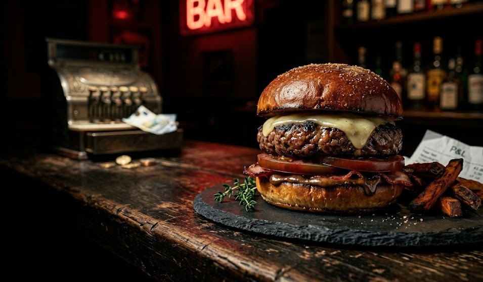 Primer plano dramático de una hamburguesa gourmet en un plato oscuro, simbolizando un plato popular pero de baja rentabilidad en un restaurante.