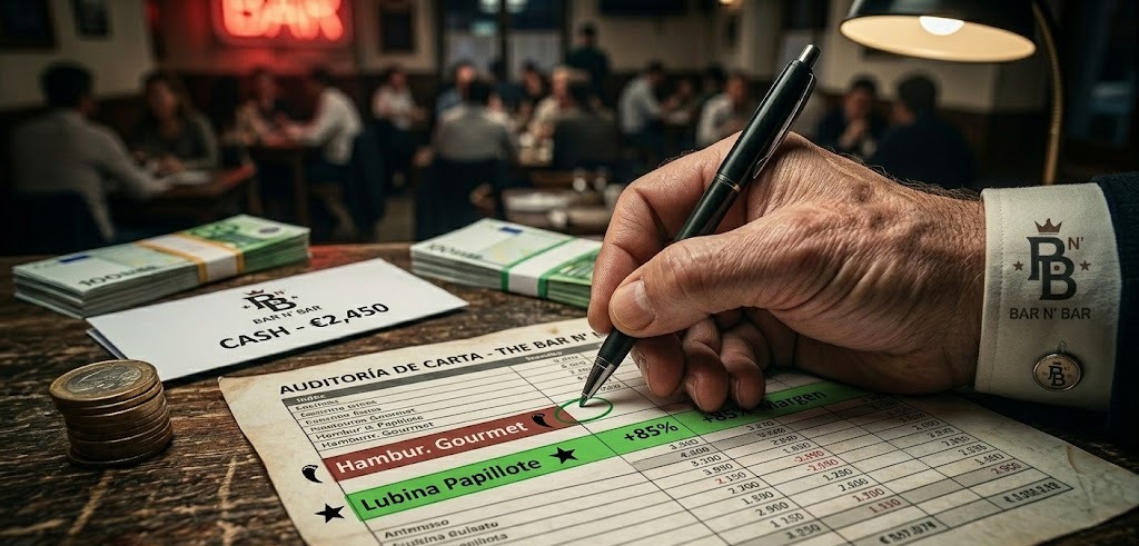 Imagen conceptual de primer plano de una mano de consultor profesional de hostelería realizando una auditoría de carta. Sobre una mesa de madera desordenada con recibos sueltos, la mano escribe en un documento de 'AUDITORÍA DE CARTA - THE BAR N' BAR'. El documento muestra el plato 'Hambur. Gourmet' resaltado en rojo con un icono de colmillos de vampiro y una pérdida de '€2,450' con margen negativo; justo debajo, 'Lubina Papillote' está resaltada en verde con un icono de estrella y un margen del '+85%'. En la mesa hay un fajo de euros, un clip de recibos y un sobre de efectivo limpio etiquetado 'CASH - €2,450', junto con monedas. El puño de la camisa muestra un gemelo con el logotipo de 'BAR N' BAR'. El fondo muestra un bar concurrido pero elegante con un letrero de neón que dice 'BAR'.