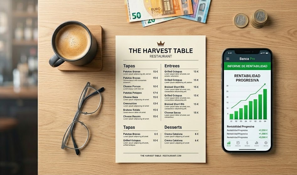 Vista cenital de un menú de restaurante junto a un gráfico de beneficios creciente, representando el éxito tras una auditoría de carta.