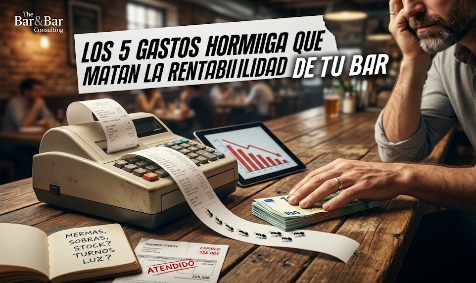 Calculadora profesional y tickets de caja sobre una mesa de madera para ilustrar los gastos hormiga que afectan la rentabilidad del bar.