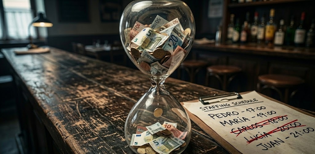 Fotografía conceptual de un reloj de arena sobre el mostrador de un bar donde billetes y monedas de euro gotean lentamente en lugar de arena, junto a un portapapeles con horarios de personal desordenados, simbolizando la fuga silenciosa de dinero por una plantilla mal dimensionada.