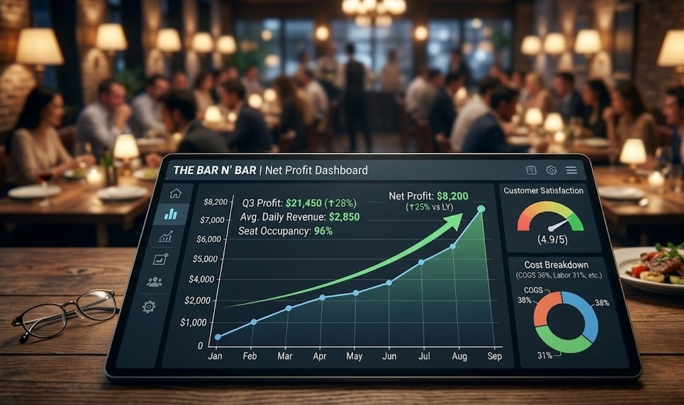 Profitability chart after optimizing the break-even point in a hospitality business.