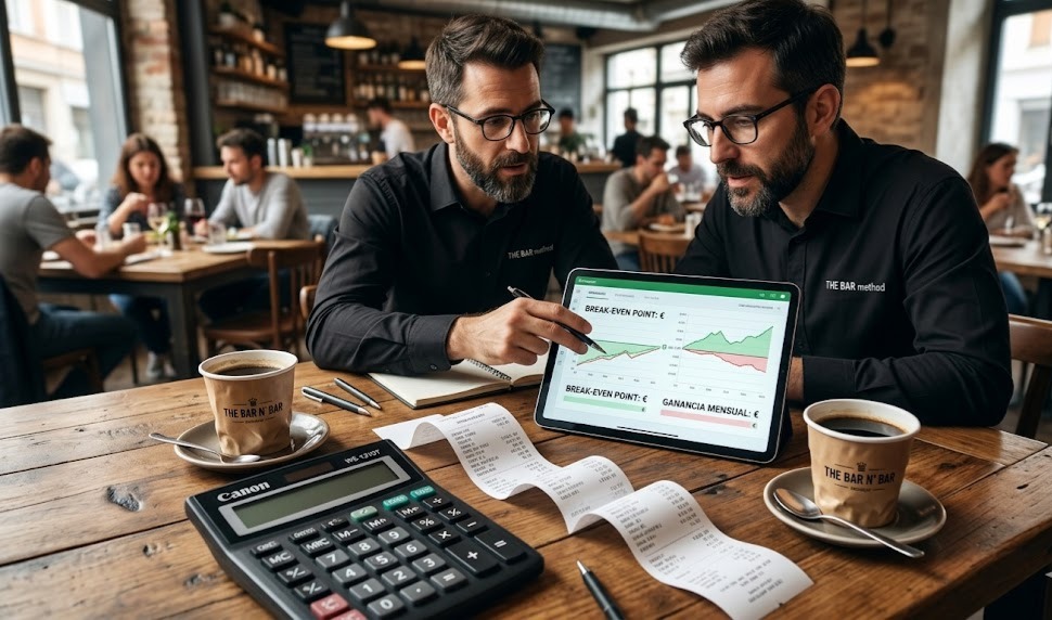 Calculadora profesional y tickets de caja sobre una mesa de madera para calcular la rentabilidad del restaurante.